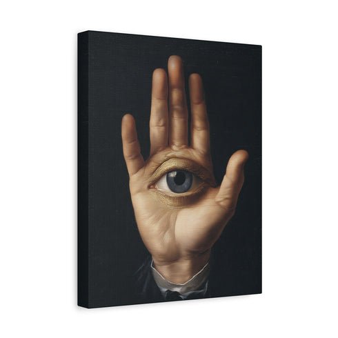A high-contrast matte canvas print featuring a surrealist artwork. Centered against a dark, textured charcoal background, a realistic, pale hand is held up, palm forward. Embedded in the center of the palm is a detailed, light blue human eye, looking directly at the viewer. The hand emerges from a formal, dark suit cuff with a white ruffled sleeve, adding a touch of vintage, academic style. The overall mood is mysterious, gothic, and scholarly, suitable for dark academia or maximalist decor.